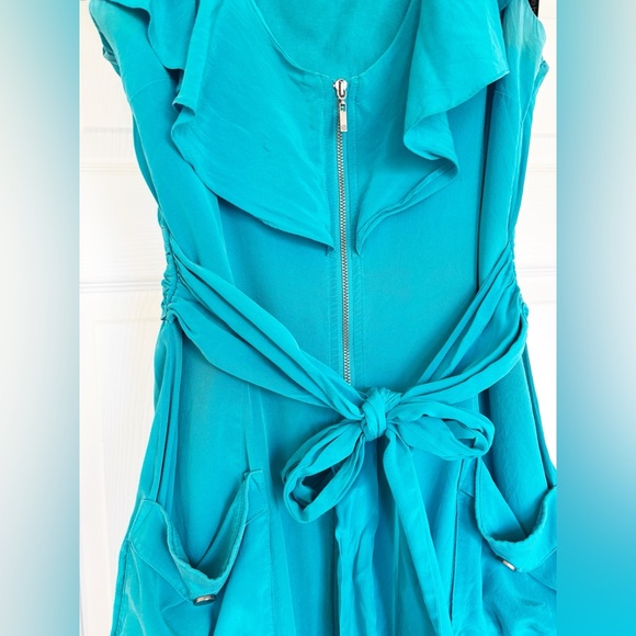 Used bebe Silk Teal Sleeveless Dress with Ruffle Detail in Size Small - Picture 5 of 13